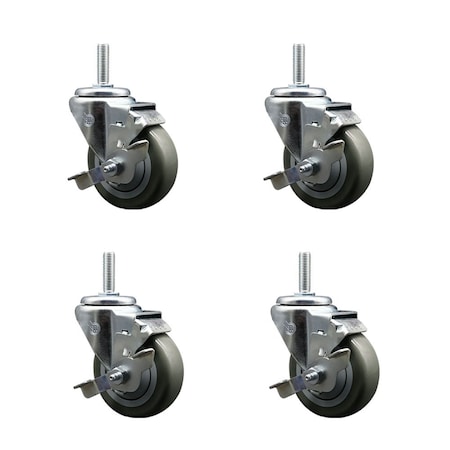 Service Caster 35 Inch Gray Polyurethane Wheel Swivel 58 Inch Threaded Stem Caster Set with Brake SCC SCC-TS20S3514-PPUB-TLB-58212-4